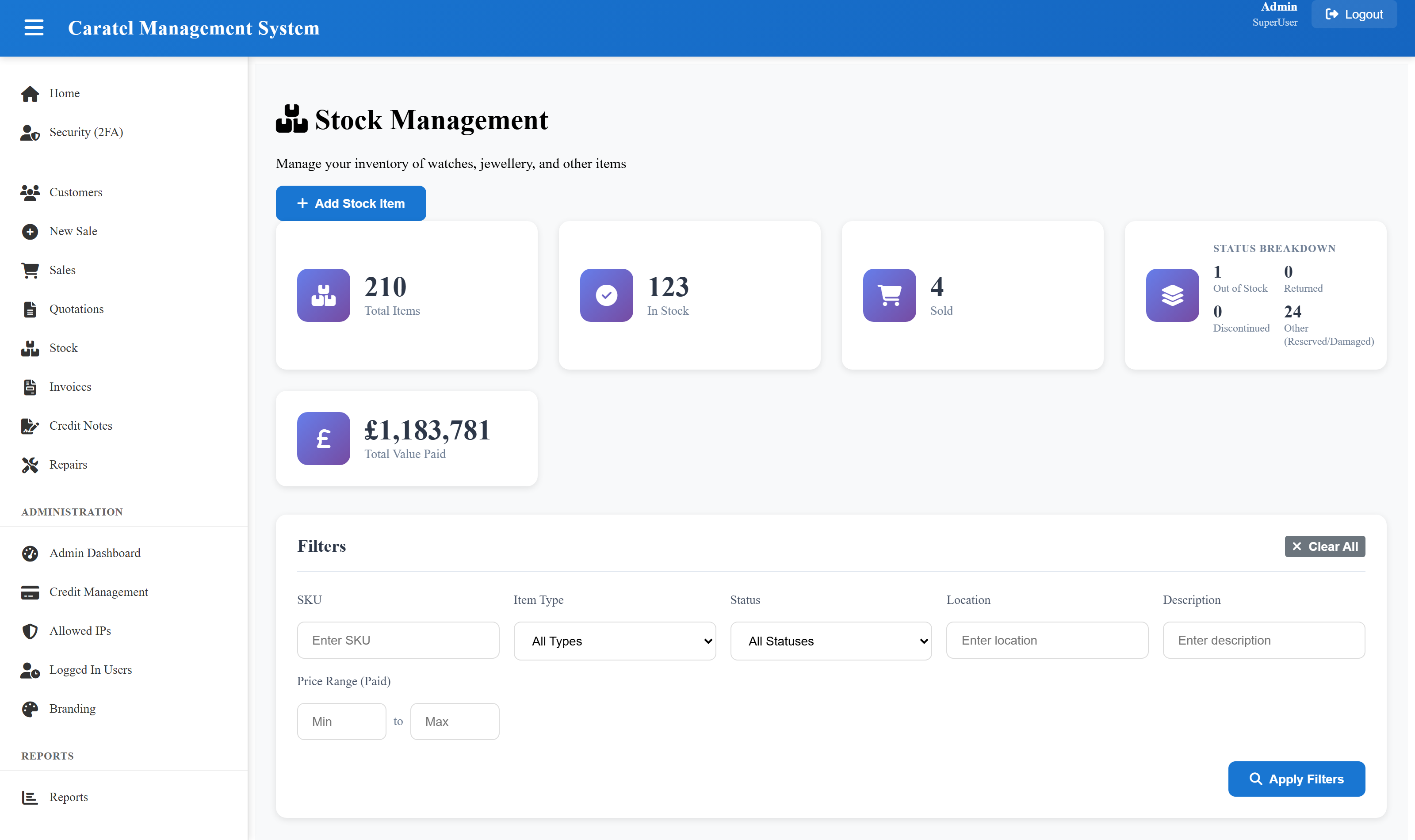 Caratel stock management with live valuation